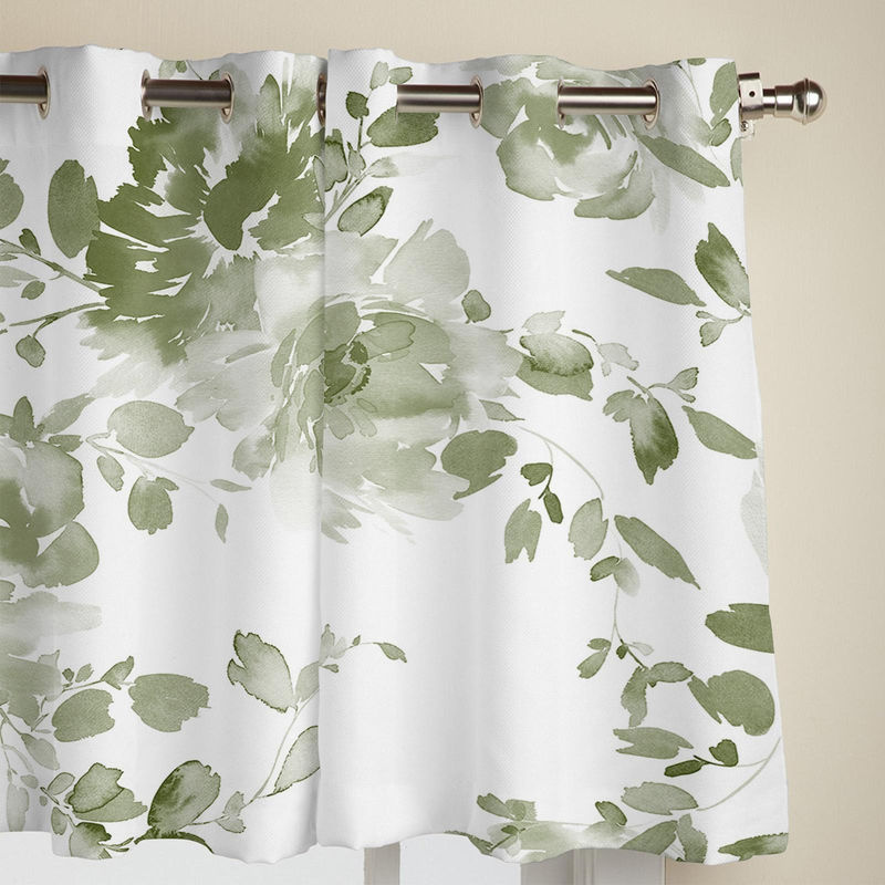 Super Six Fenstervorhänge mit Aquarellblumen in Salbeigrün und Grau, moderne halbtransparente Vorhangpaneele mit Ösen, Breite: 135 cm, Höhe: 60 cm - Bild 2