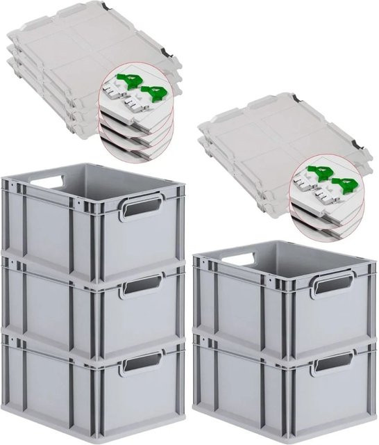 PROREGAL SuperSparSet 5x Eurobox NextGen Grip mit Scharnierdeckel und grünen Schiebeschnappverschlüssen, Grau, H x B x T: 22 x 30 x 40 cm - Bild 1