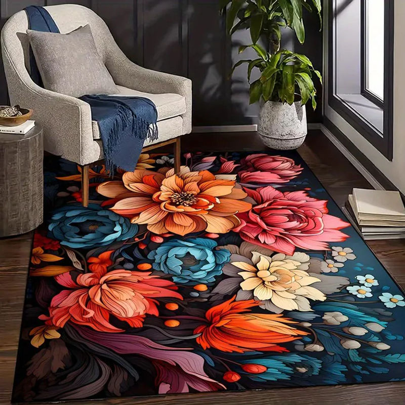 Karpetti Teppich mit Pfingstrosenmuster in Grau und Multicolour, rutschfest und waschbar, B/B: 60 x 90 cm - Bild 2