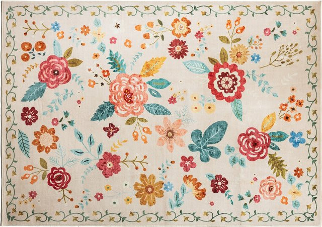 Waschbarer Teppich Flower Power von viva domo in Multicolour mit floralem Design und rechteckiger Form - Bild 1