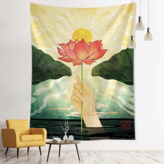 Bergamotte Lotus Wandteppich im Bohemian Stil mit floraler Illustration, Mehrfarbig, Breite: 95 cm, Höhe: 70 cm - Bild 1