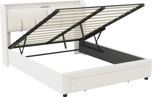 PXloue Polsterbett mit Stauraum und USB-Ladestation aus Samt, B/T/H: 169 x 213 x 110 cm, Beige oder Weiß - Bild 1
