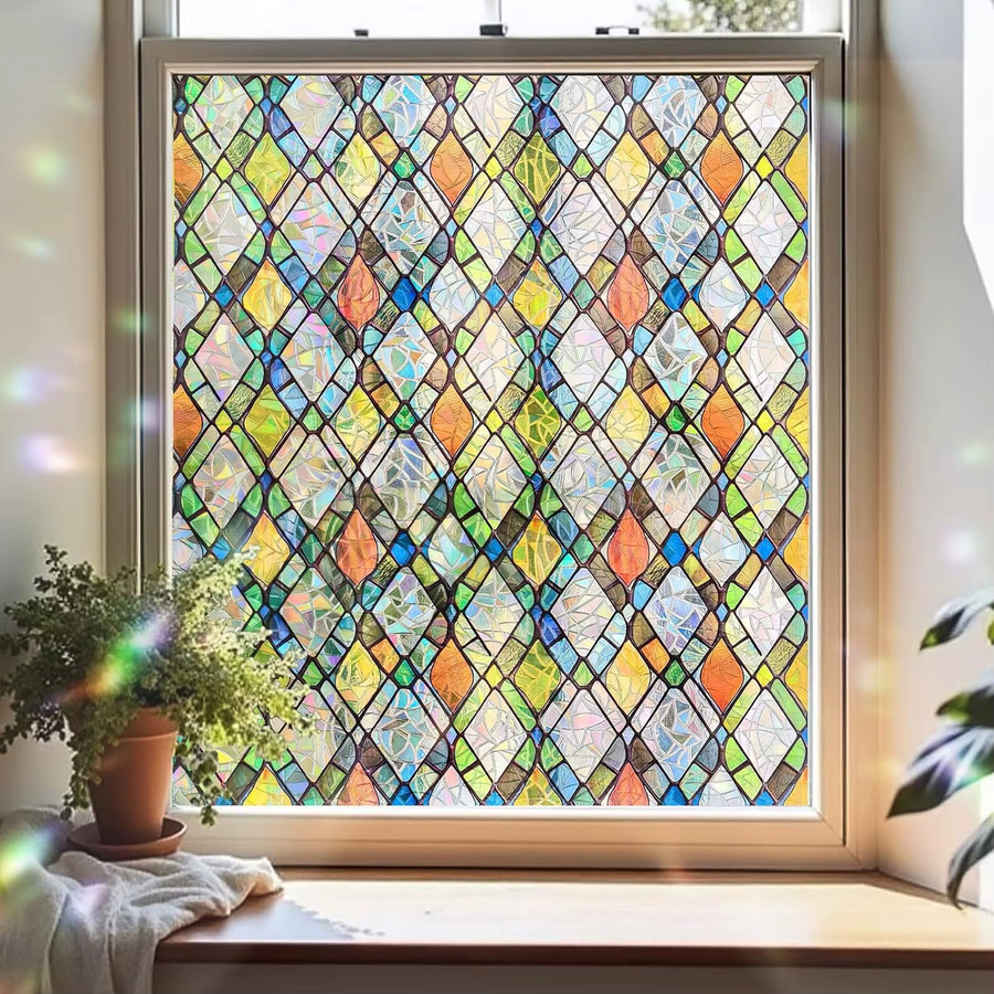 WXSHSH Gitter-Buntglas-Fensterfolie in Regenbogenfarben, statisch haftende dekorative Fensterfolie mit geometrischem Design für Privatsphäre an Fenstern und Türen - Bild 5