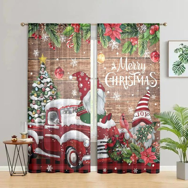 2er-Set Weihnachtsvorhänge mit Wichtel, Schneeflocken und LKW Design, grau, B: 150 cm, H: 166 cm - Bild 1