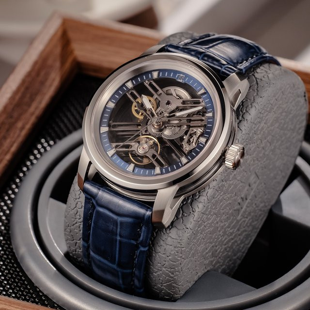 OBLVLO Armbanduhr Automatik, Edelstahl, Blau, Leder, Herren - Bild 1