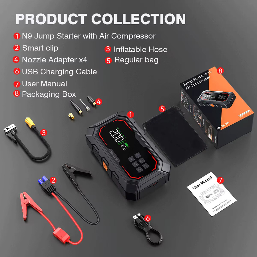 BIUBLE Starthilfe-Powerbank 21800mAh mit 1500A Auto-Batterie-Booster 12V und 150PSI Luftkompressor, tragbarer Reifenfüller mit LCD-Display, Schwarz - Bild 2