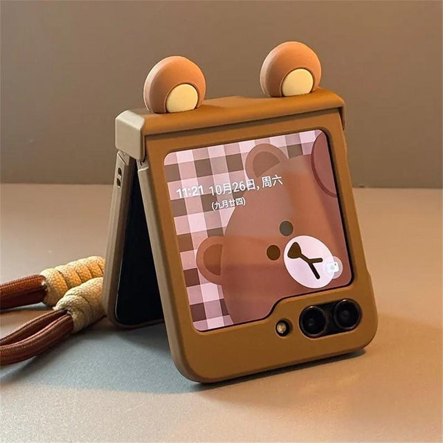 Süße Cartoon Bärenohren Handyhülle für Samsung Galaxy Z Flip 6/5/4/3 und Motorola Razr 60/40/50 Ultra in Braun - Bild 1