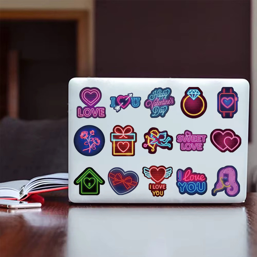 64 Stück Neon Valentinstag Cartoon Graffiti Aufkleber wasserfest in Multicolour für Laptop, Telefon und Wasserflaschen - Bild 3
