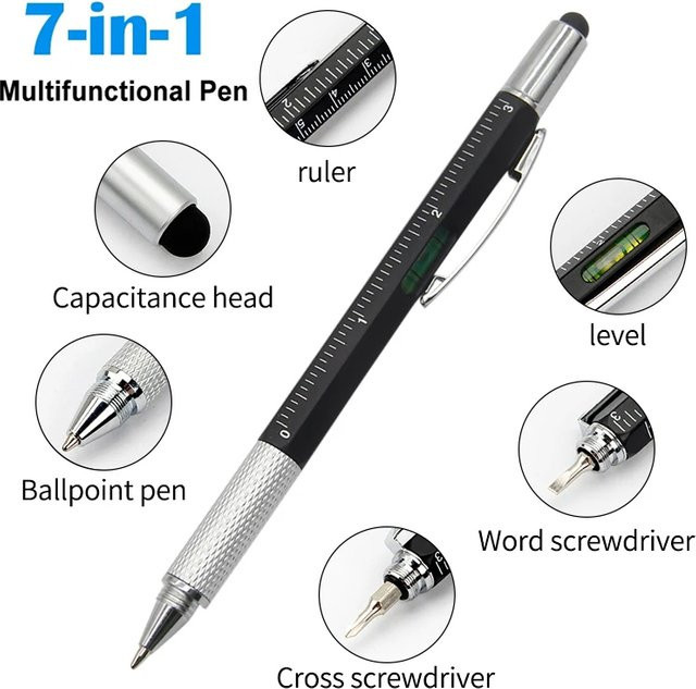 7 in 1 Multifunktionsstift aus Metall mit kapazitivem Touchscreen-Stift, Kugelschreiber in Blau, Schraubendreher und Lineal - Bild 1