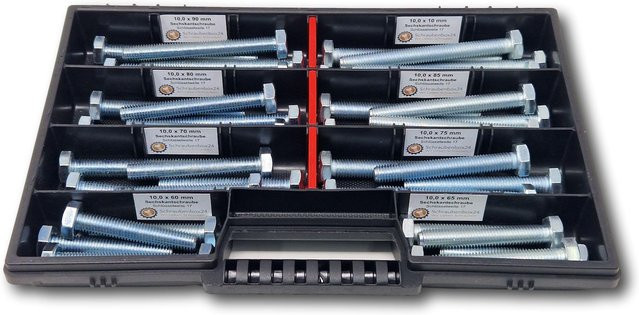 Schraubenbox24 Sechskantschrauben Sortiment M10, 40-teilig, verzinkt, Farbe: Silber, Länge: 60 mm bis 100 mm, DIN 933/ISO 4017 Vollgewindeschrauben - Bild 1