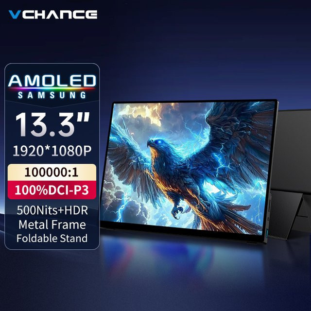 VCHANCE 13,3 Zoll OLED Tragbarer Monitor Full HD 1920x1080p in Schwarz mit Metallrahmen und Ständer für Laptop und Mac - Bild 1