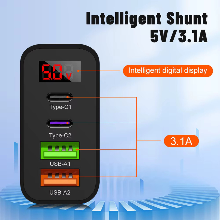 GUSEYEE 4-Port USB Typ C Ladegerät mit Digital Display, Quick Charge 3.0 und PD für Xiaomi, iPhone und Samsung, Schwarz - Bild 4