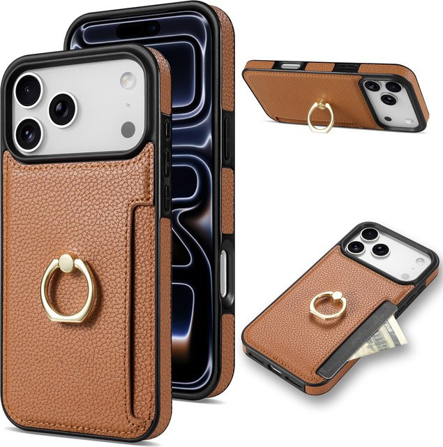 Leder Brieftasche und Kartenetui mit Ringhalter als Schutzhülle für iPhone 11 bis iPhone 17 Pro Max in Orange und Braun - Bild 1
