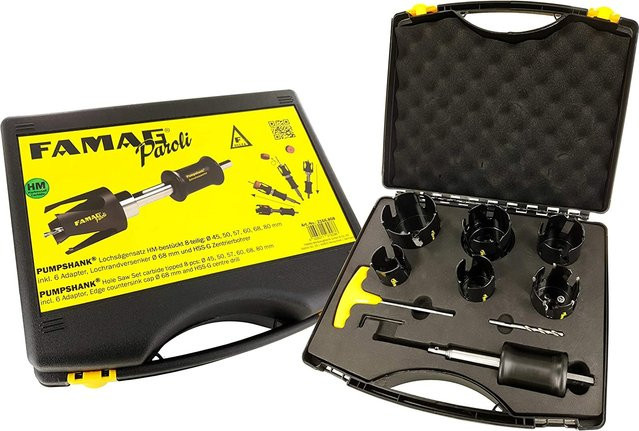 Famag Lochsägensatz PAROLI Universal mit Hartmetallzähnen, 8-teilig, Schwarz, Durchmesser: 45 mm, 50 mm, 57 mm, 60 mm, 68 mm, 80 mm inklusive Adapter, LRV und Pumpshank - Bild 1
