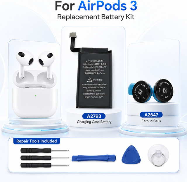 Apple Ersatzakku für AirPods 3 (A2647, A2564, A2565, A2793) Li-Ionen-Akku inklusive Reparaturwerkzeug-Set - Bild 1
