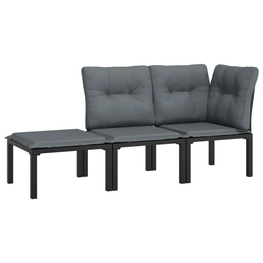 vidaXL 3-tlg Garten-Lounge-Set in L-Form aus Poly-Rattan und pulverbeschichtetem Stahl, Schwarz und Grau mit Sitz- und Rückenkissen - Bild 2