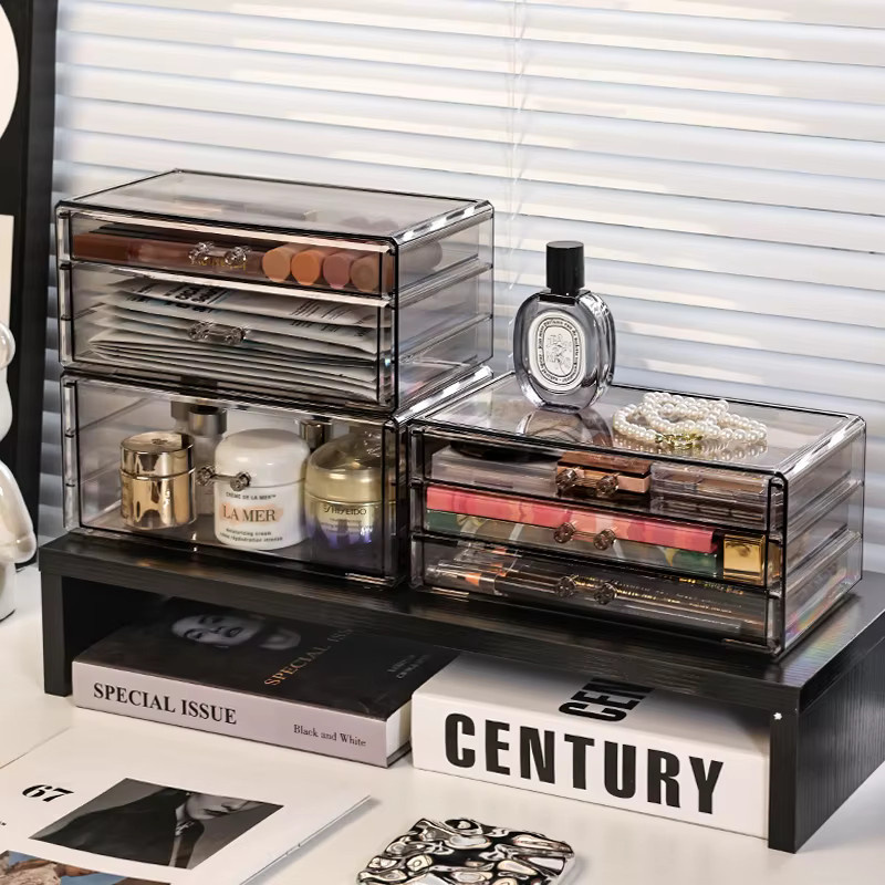 Schreibtisch-Schublade aus Acryl in Transparent und Schwarz, stapelbare Kosmetik-Aufbewahrungsbox und Organizer für Bürobedarf und Hautpflege - Bild 3