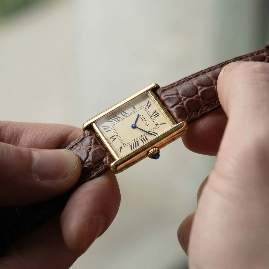 CILOA Armbanduhr, Quarz, Goldgehäuse, Eckig, Cremefarbenes Zifferblatt, Lederarmband, Herren - Bild 3