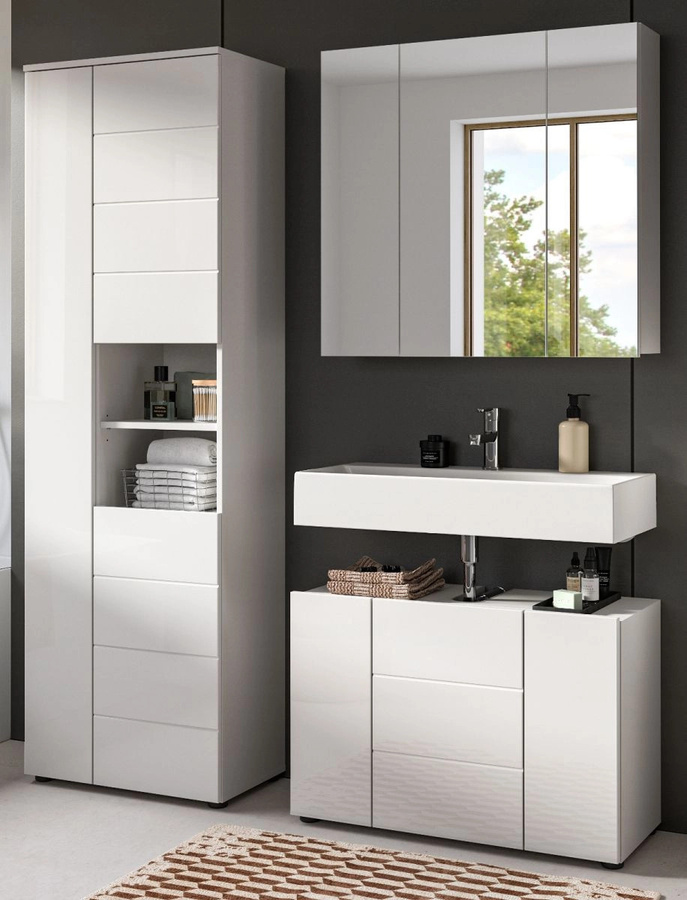 Inn.Furn Badmöbel Set Larik 3-teilig in Weiß Hochglanz, bestehend aus Waschtischunterschrank, Spiegelschrank und Hochschrank, B/H: 157 x 190 cm - Bild 1