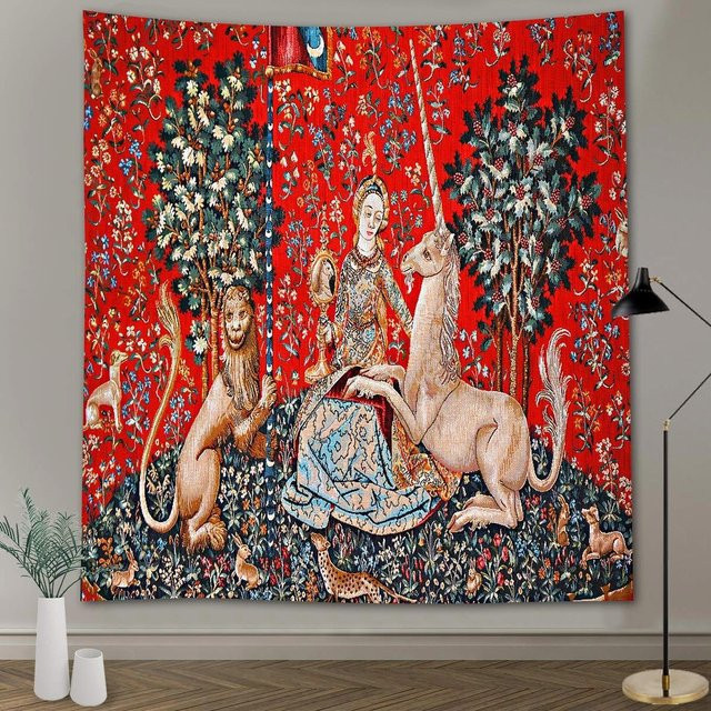 Wandteppich Mittelalterliche Dame und Einhorn von JMG Household Supplies, Kunstdruck Wandbehang in Rot, B: 150 cm, H: 130 cm - Bild 1