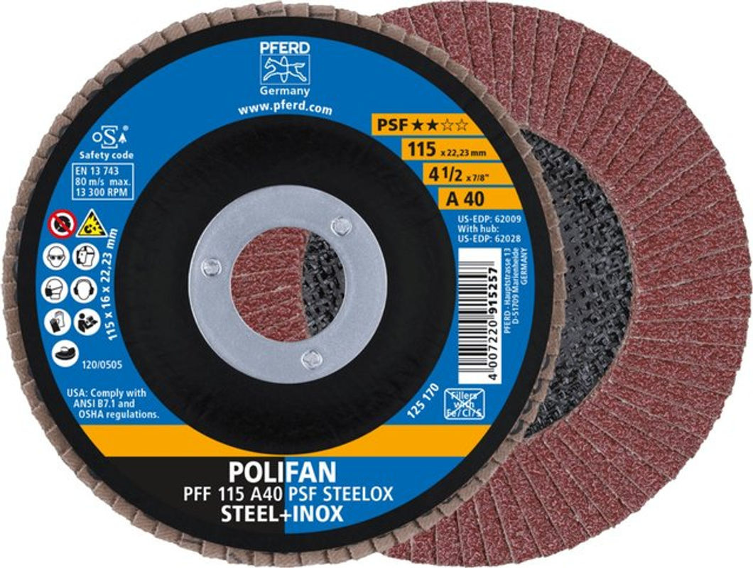 PFERD POLIFAN PSF STEELOX Fächerschleifscheibe für Stahl und Edelstahl, Durchmesser: 115 mm, Bohrungs-Ø: 22,23 mm, Körnung: 40, Mehrfarbig - Bild 2