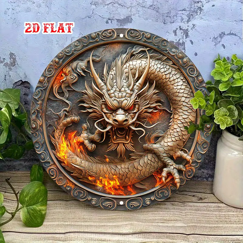 CIFBUY Feuerdrachen Wandkunst aus Metall, Runde Drachen-Wanddekoration in Multicolour für Wohnzimmer und Büro - Bild 3