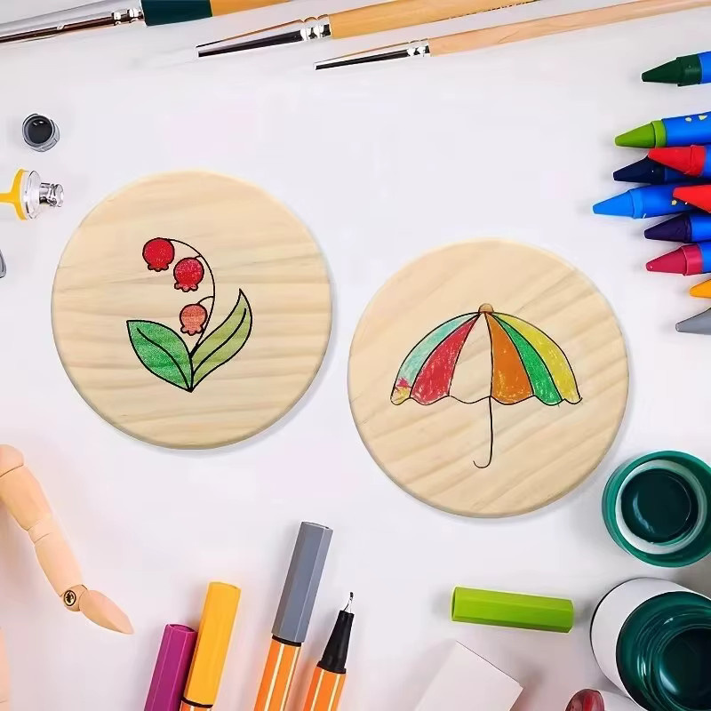 Set aus runden Holzuntersetzern für DIY-Bastelarbeiten und Heimdekoration, Naturholz, Farbe: Braun, Durchmesser: 10,16 cm - Bild 2