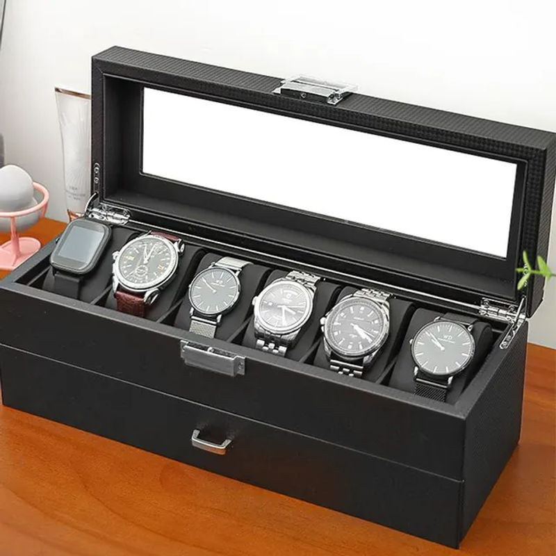 DOKW Schmuckbox aus Holz mit 2 Etagen und Schubladen, Uhrenbox und Vitrine mit transparentem Deckel für Halsketten und Ohrringe, Braun oder Schwarz - Bild 1