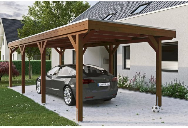 Skan Holz Carport Grunewald aus Fichten-Leimholz mit EPDM-Dach in Braun, B: 321 cm, T: 796 cm, H: 243 cm - Bild 1