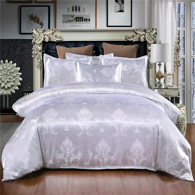 Bin Chi Textiles Luxus Satin Jacquard Bettwäsche Set mit floralem Muster in Weiß, 3-teilig - Bild 1
