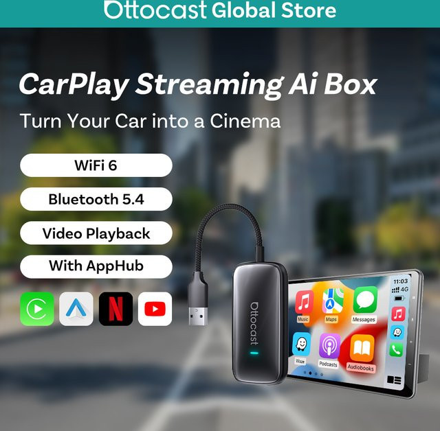 Ottocast Play2Video Ultra AI Box Carplay Adapter mit Android Auto und WiFi6 für Audi, Media Player für YouTube und Netflix, Schwarz - Bild 1
