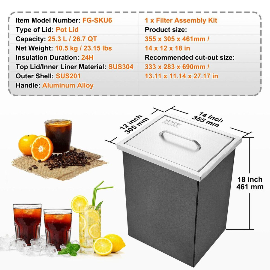 Buying Solutions MB Einbau-Eiskühlbox aus Edelstahl mit Deckel und Abfluss, Silber, B/T/H: 30,5 x 35,6 x 45,7 cm - Bild 5