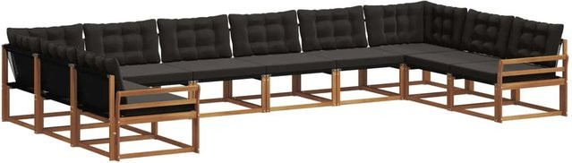 vidaXL Outdoor-Sofagarnitur aus massivem Akazienholz in U-Form, 10-teiliges Set mit Textilene-Bezug und Kissen, Braun und Schwarz - Bild 1