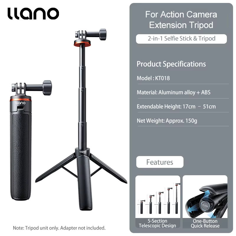 llano Selfie-Stick-Stativ in Schwarz, tragbarer Vlog-Griff für Action-Kameras, Höhe: 51,5 cm - Bild 6