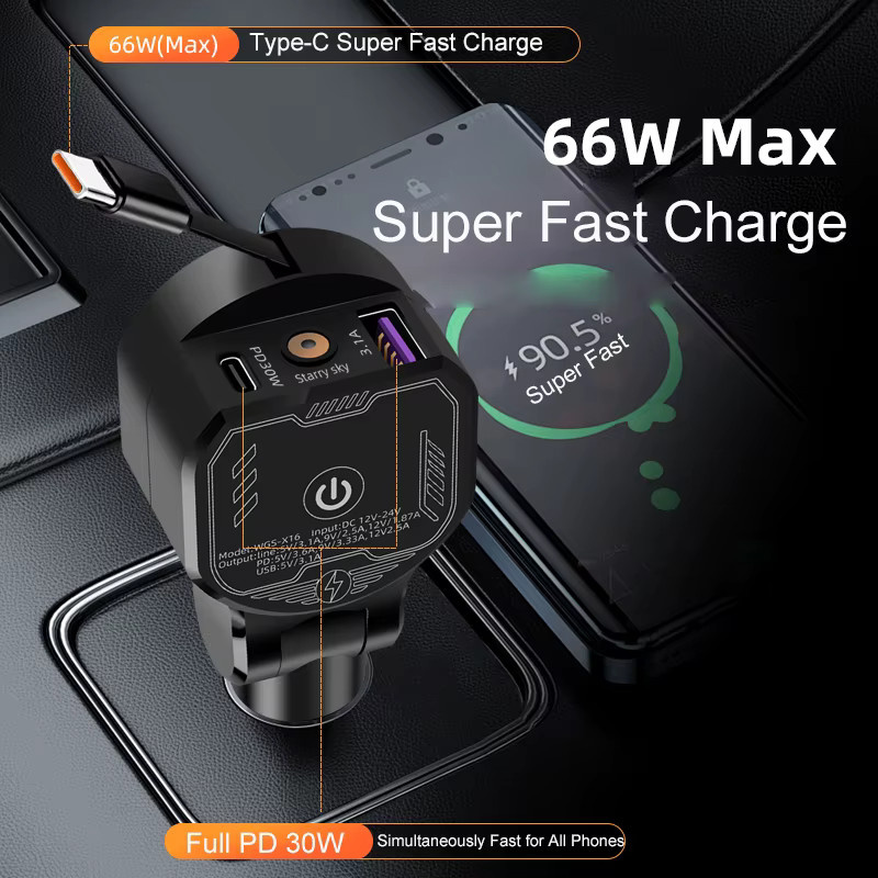 UYUXIO 3-in-1 Einziehbares Autoladegerät mit 30 W PD Schnellladefunktion und Sternenlicht-Design in Schwarz für iPhone, Samsung und MacBook - Bild 2