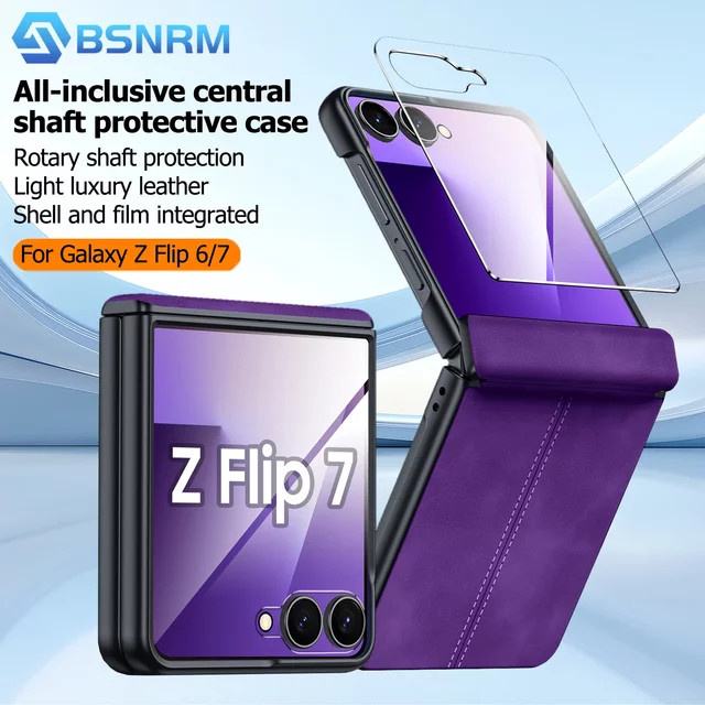 BANGZAO Schutzhülle für Galaxy Z Flip 6, Z Flip 7 und Z Flip 7FE mit integriertem Displayschutz und Scharnierschutz, ultradünne matte PU-Leder Handyhülle, Lila - Bild 1