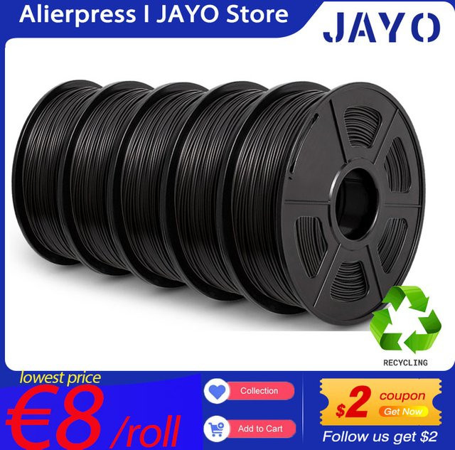 JAYO 3D-Filament Set für FDM-Drucker, 5 Rollen PLA/ABS/SEIDE in Schwarz, Durchmesser: 1,75 mm - Bild 1