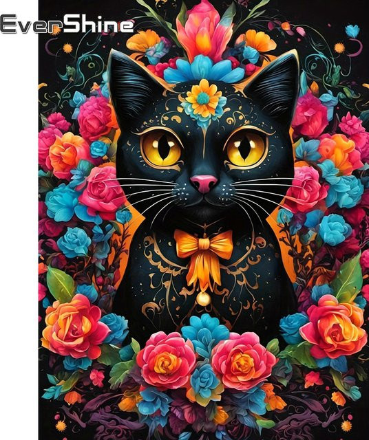 Evershine Diamantmalerei Katze mit Blumen als 5D DIY Kunst Mosaik Set in Multicolour, Breite: 30 cm, Höhe: 30 cm - Bild 1