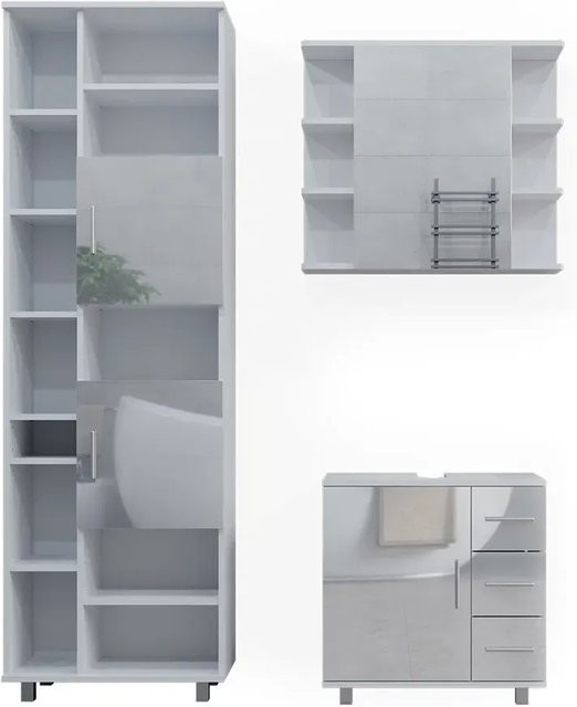 Vicco Badmöbelset Ilias in Weiß Hochglanz modern bestehend aus Spiegelschrank, Waschtischunterschrank und Hochschrank - Bild 2