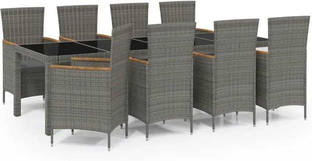 vidaXL 9-tlg Garten-Essgruppe aus Poly Rattan in Grau mit Kissen und Hartglasplatte - Bild 1