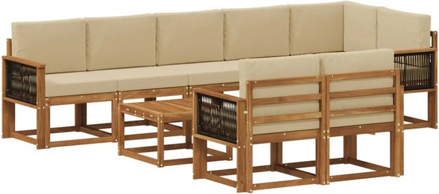 vidaXL Outdoor-Sofagarnitur L-Form aus Akazienholz mit 9 Kissen in Natur und Beige - Bild 1