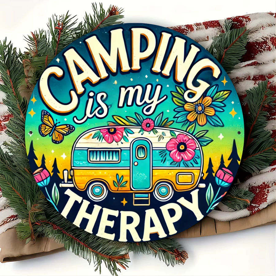 Potdemiel Aluminium-Wandkunst Camping is My Relax im Vintage-Stil, runde Metall-Dekoration mit Naturdesign, Durchmesser: 19,81 cm, Mehrfarbig - Bild 4