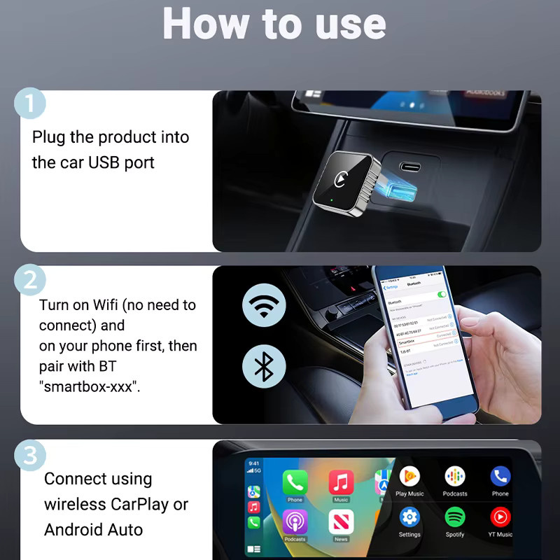 XUDA 2-in-1 CarPlay Adapter von kabelgebunden zu kabellos mit 5GHz WiFi und USB-C sowie USB-A Anschluss - Bild 2