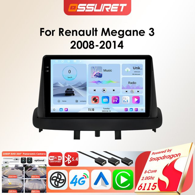 OSSURET Android Autoradio für Renault Megane 3 2008-2014 mit 9 Zoll Touchscreen, GPS, Wi-Fi und Wireless Carplay, Schwarz - Bild 1