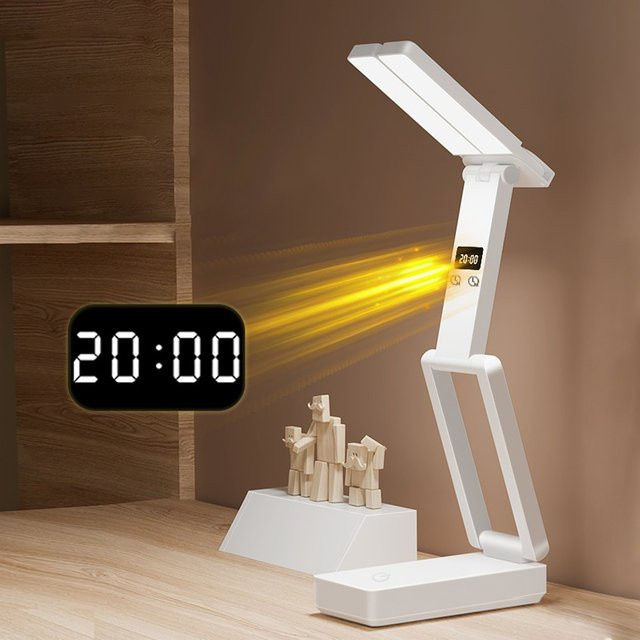 Tragbare faltbare LED-Schreibtischlampe von lyfs mit Uhr und USB-Ladefunktion, weiß, B/T/H: 30,0 x 15,0 x 7,0 cm - Bild 1