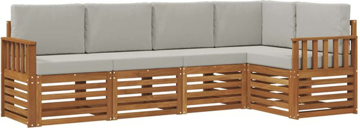 vidaXL Ecksofa Set 5-teilig aus Akazienmassivholz und Stoff in Natur und Hellgrau, modern und wendbar - Bild 1