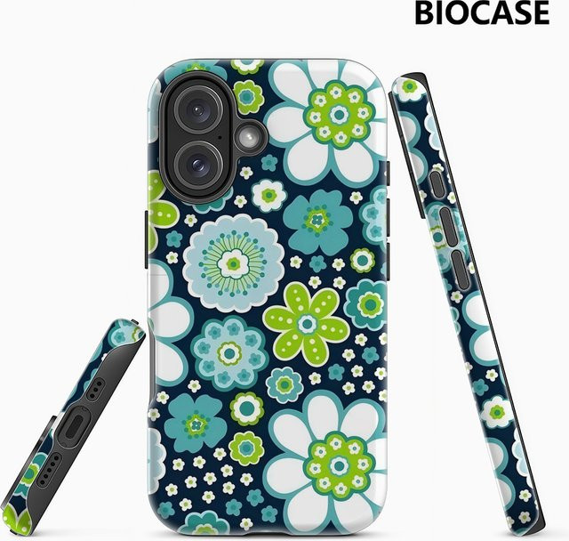 Handyhülle mit blauem und grünem Blumendruck für Apple iPhone 11 bis iPhone 17 Pro Max Plus mit doppelschichtiger Rückseite - Bild 1