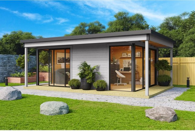 Lasita Holz-Gartenhaus Domeo 3 mit Loggia und Flachdach in Lichtgrau, B: 508.8 cm, T: 321.9 cm, H: 239.4 cm - Bild 1