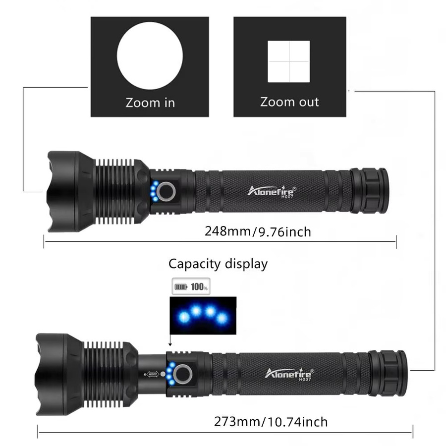 Alonefire LED Hochleistungs-Taschenlampe mit 4000 Lumen und Zoom, USB wiederaufladbar, Schwarz, Aluminium - Bild 2