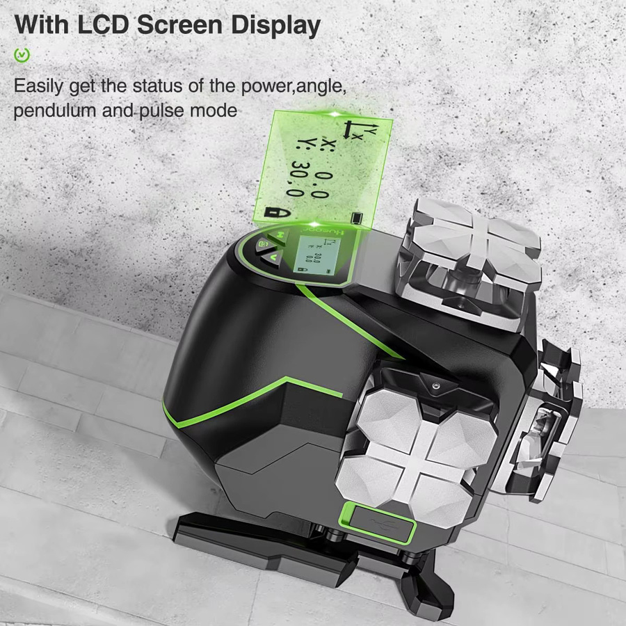 Huepar 4D 16-Linien-Laser-Nivelliergerät mit grünem Strahl, selbstnivellierend, 4 x 360 Grad Cross Line, LCD-Bildschirm und Bluetooth-Fernbedienung, Schwarz-Grün - Bild 2